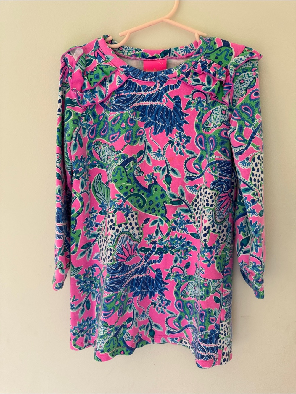 Lilly Pulitzer Pink Green Blue Jungle Print Ruffle Shift Dress